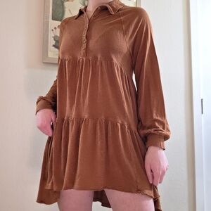 Free People boho brown linen blend long sleeve babydoll dress ruffled